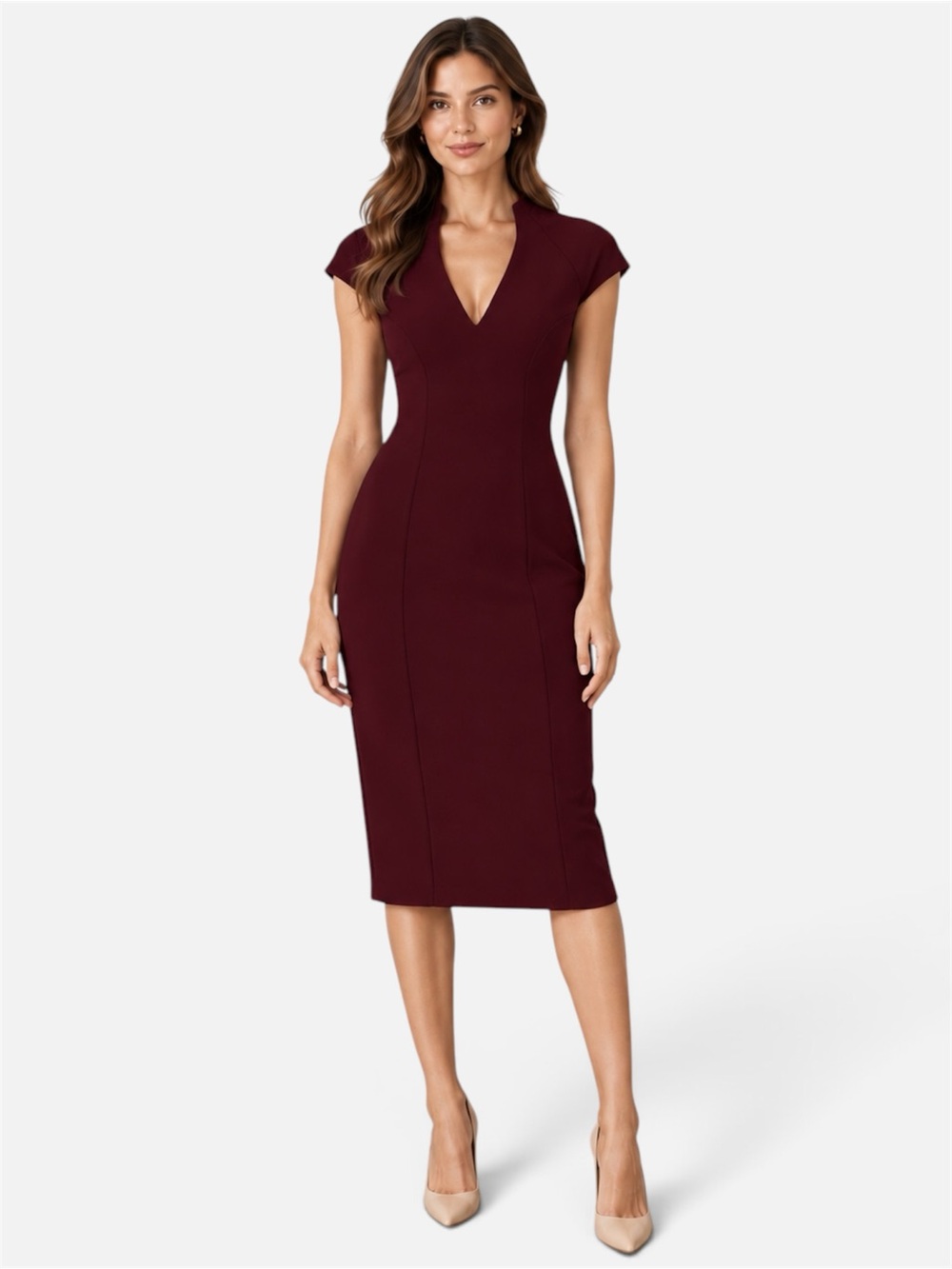 NM Neiman Marcus Bordeaux Stretch Sheath Dress Sz S Cap Sleeve